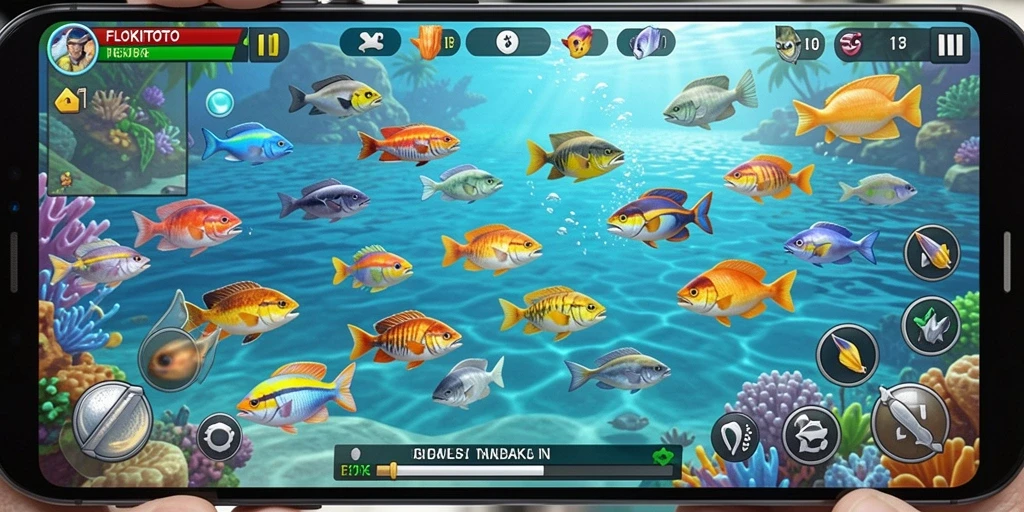 Screenshot gameplay FLOKITOTO yang menunjukkan aksi menembak ikan dengan grafik menawan.