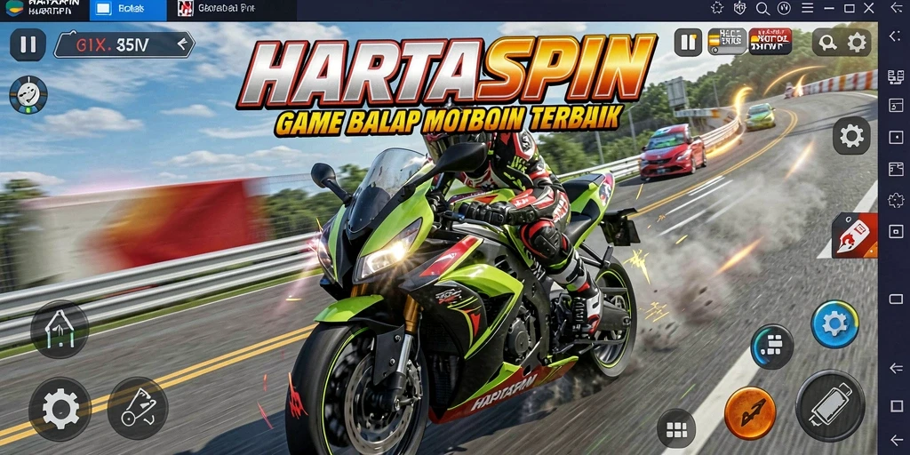 Screenshot HARTASPIN menampilkan aksi balap motor yang mendebarkan di trek.