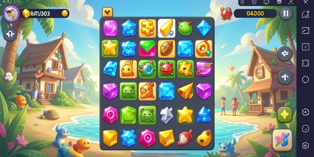 Screenshot gameplay RATU303 menunjukkan aksi Match-3 yang seru.