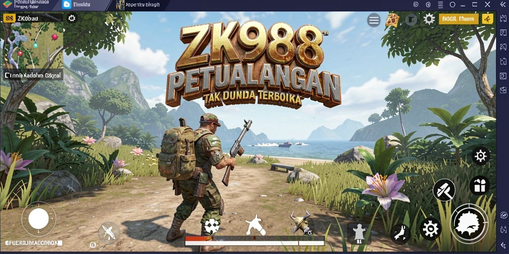 Screenshot gameplay ZK988 menampilkan petualangan eksplorasi di dunia terbuka.